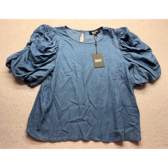 Dkny Tops - DKNY Womens Blue Lyocell Puff Sleeve Blouse Chambray Look Top Small NWT